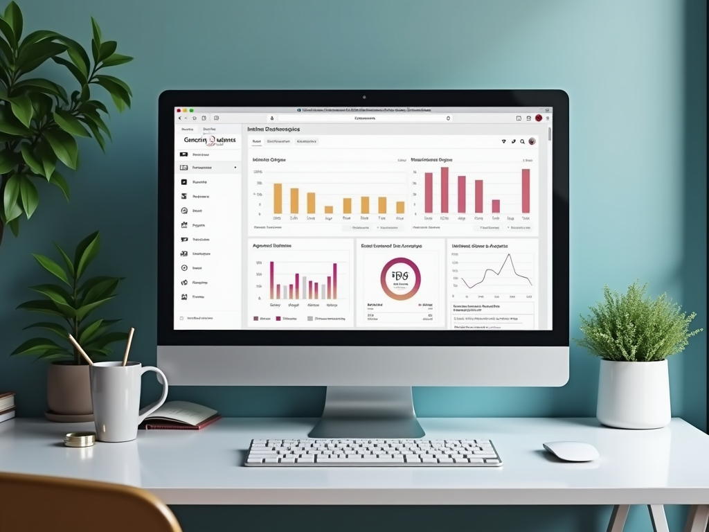 Рабочее место с компьютером, отображающим графики и аналитику на экране, на столе растения и кружка.