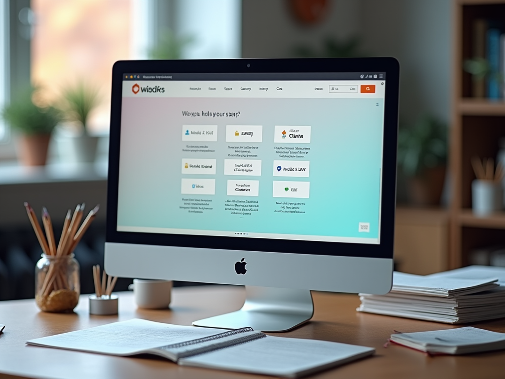 Компьютер Apple iMac на столе в офисе, отображающий веб-страницу с надписью "Widokfs".