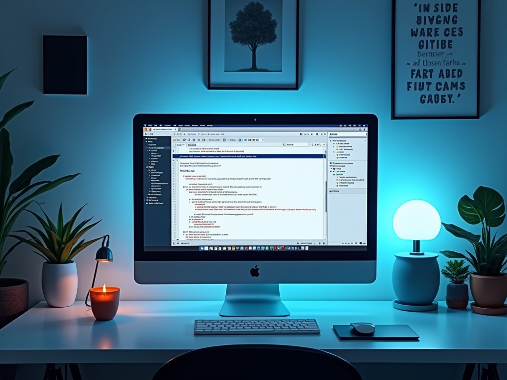 Рабочий стол с компьютером и кодом на экране, окружён светильниками и растениями в синих тонах.