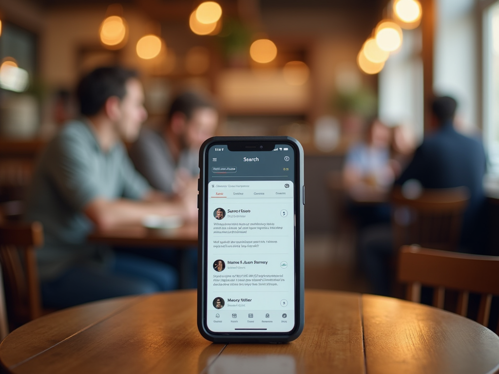 Смартфон с открытым приложением соцсети на столе в кафе, размытые люди за обедом на заднем плане.
