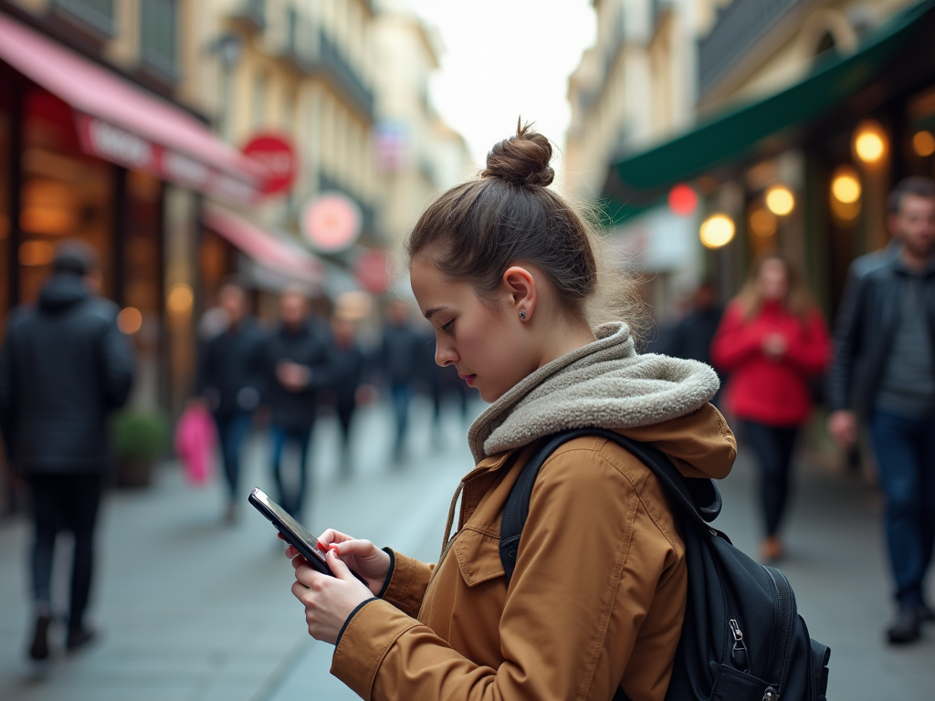 Девушка в коричневой куртке пишет в смартфон на улице среди прохожих.