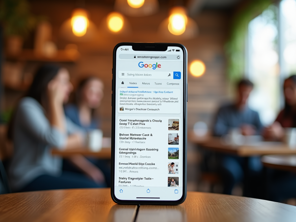 Смартфон на столе отображает страницу Google, замыленный фон сидящих людей в кафе.