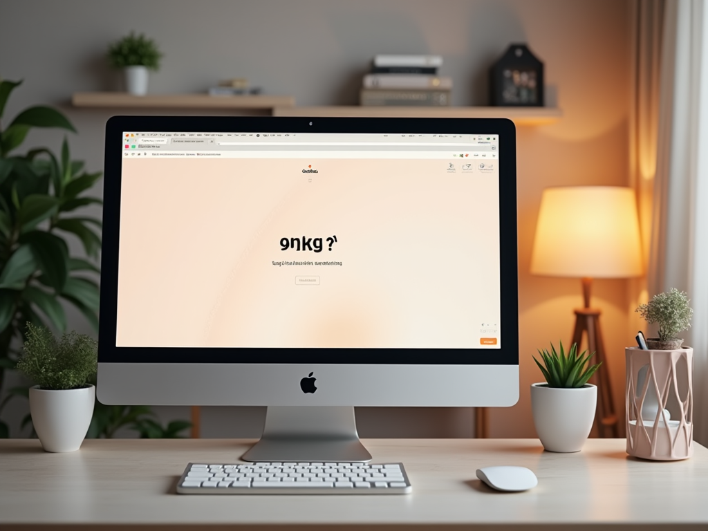 Компьютер Apple на столе в домашнем офисе с открытой веб-страницей и текстом "9nkg?"