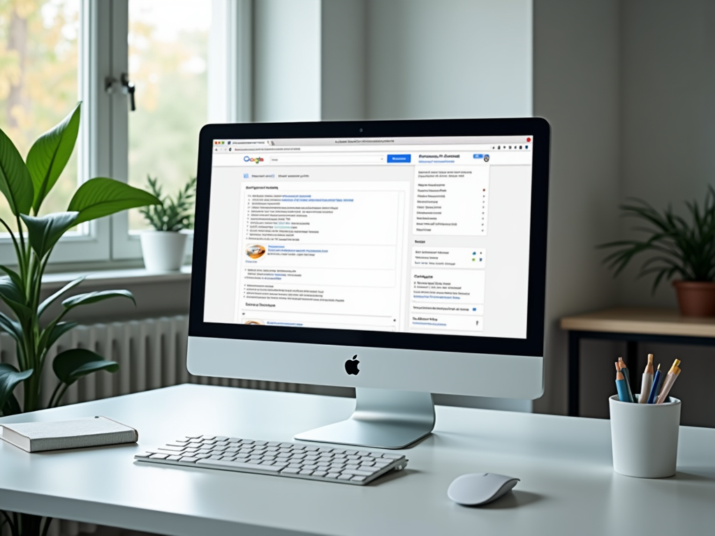 Офисный стол с компьютером Apple, показывающим страницу поиска в Google, в светлом помещении.