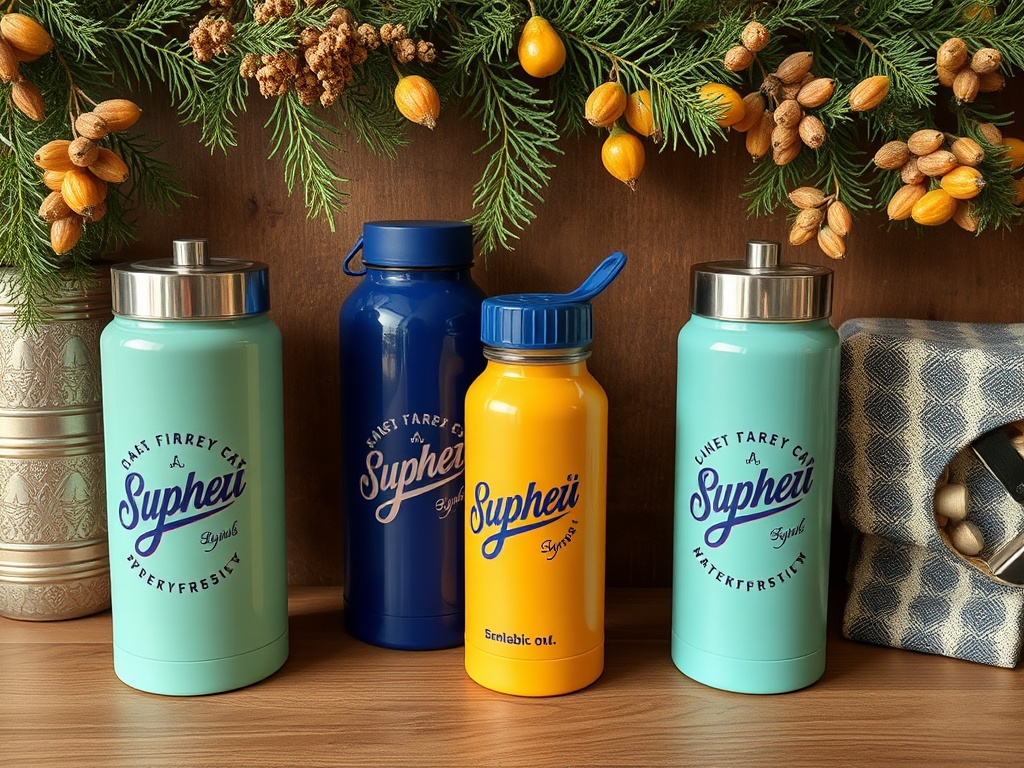 Четыре бутылки для воды разных цветов на деревянном столе, окруженные зеленью и декоративными элементами.