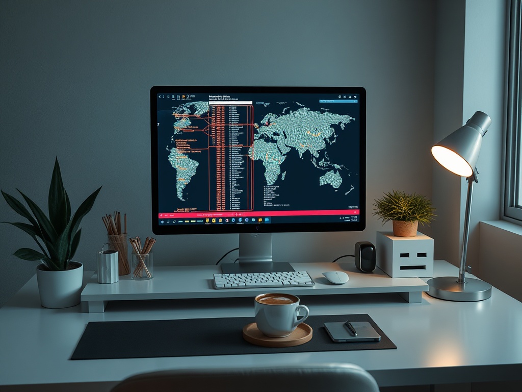 Стильный рабочий стол с компьютером, кофе и зелеными растениями. На экране карта мира и данные.