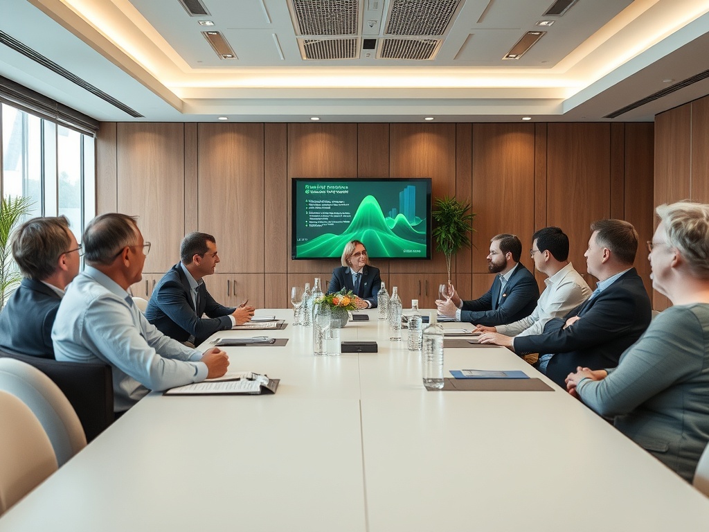 На встрече делового совета обсуждают стратегию компании в современном офисе с большим экраном.