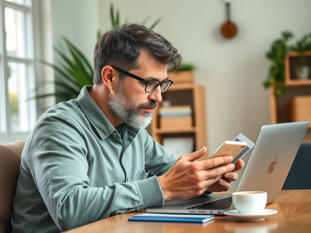 Мужчина сидит за столом с ноутбуком, смотрит на телефон и держит кредитную карту, в уютном интерьере.