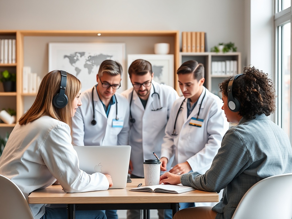 На изображении группа врачей обсуждает информацию, сидя за столом с ноутбуком и заметками.