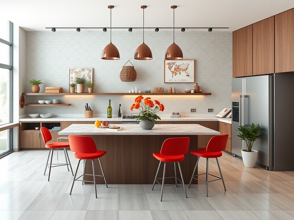 Современная кухня с островом, красными стульями и стильным освещением. Множество зелени и организации пространства.