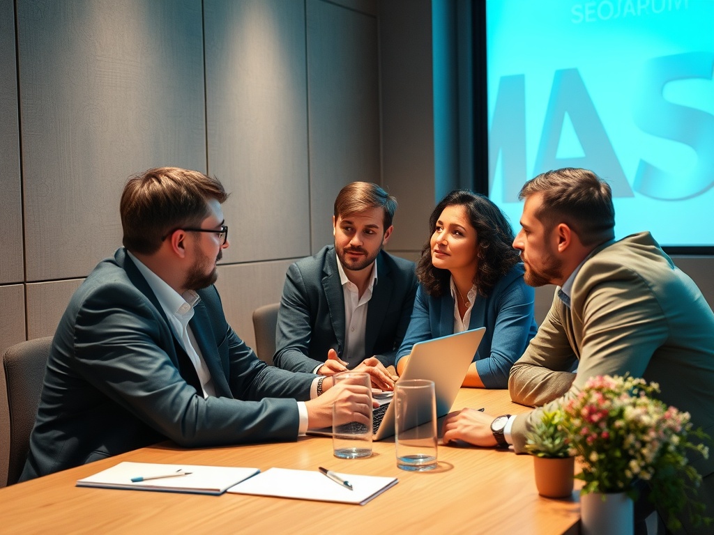 На деловой встрече четыре человека обсуждают проект, сидя за столом с ноутбуком и документами.